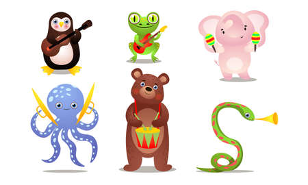 Set of cute colorful musician animals with different instruments. Penguin, frog, elephant, octopus, bear, snake play instruments. Isolated icons set illustration on a white background in cartoon styleのイラスト素材