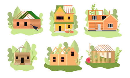 Set of isolated hand drawn different stages of wooden house construction over white background vector illustration. Building house and exterior in details conceptのイラスト素材
