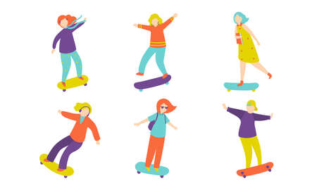 Set of isolated hand drawn women and men riding skateboard over white background vector illustration. Favourite hobby and activity lifestyle conceptのイラスト素材