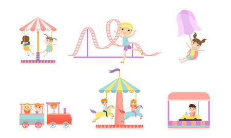 Set of isolated hand drawn different carousels in amusement park for children over white background vector illustration. Happy childhood conceptのイラスト素材
