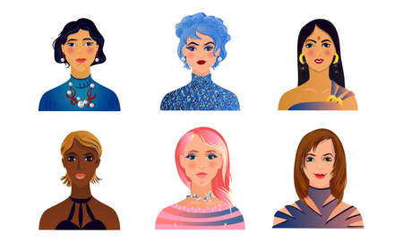 Set of isolated hand drawn faces of women of different nationalities, complexion and hair color over white background vector illustration. Women from different countries conceptのイラスト素材