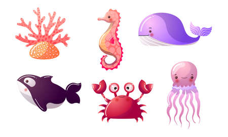 Collection set of the colorful sea and ocean creatures. Whale, whale killer, crab, jellyfish, seahorse, coral. Isolated icons set illustration on a white background in cartoon style.のイラスト素材