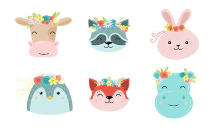 Set of isolated hand drawn smiling pastel colored cartoon funny cute animal faces with floral wreaths on them over white background vector illustration. Happy books animal illustrations conceptのイラスト素材