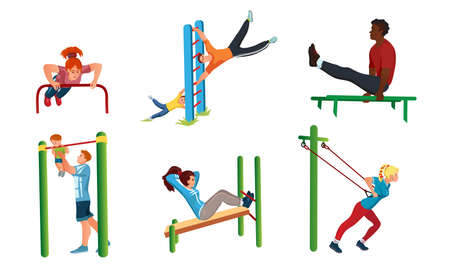 Collection set of different people doing sport workout on the street. Healthy lifestyle concept. Isolated icons set illustration on a white background in cartoon style.のイラスト素材