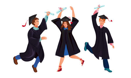 Collection set of graduate student characters in different poses in a graduation gown and mortarboard. Isolated icons set illustration on a white background in cartoon style.のイラスト素材