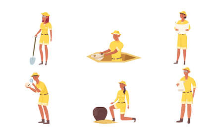 Collection set of archaeologists men and women in different poses with different attributes in the hands.Scientist working on excavationsのイラスト素材