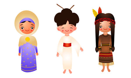 A set of different nationality women wearing traditional ethnic clothing.のイラスト素材