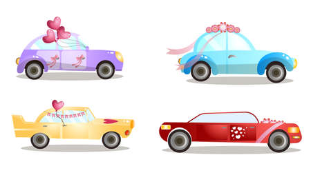 Decorated wedding procession cars with balloons and flowers vector illustrationのイラスト素材
