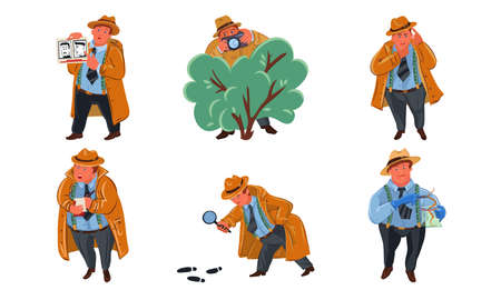 Men detectives in traditional hats making private investigation vector illustrationのイラスト素材