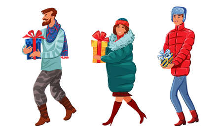 Set of happy people carrying holiday gifts vector illustrationのイラスト素材
