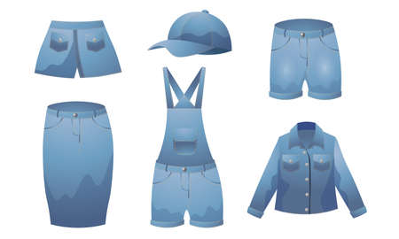 Set of stylish blue jeans denim clothing elements vector illustrationのイラスト素材