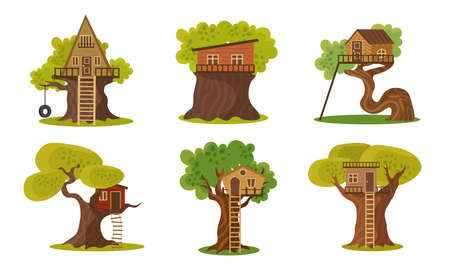 Set of different wooden houses on trees vector illustrationのイラスト素材