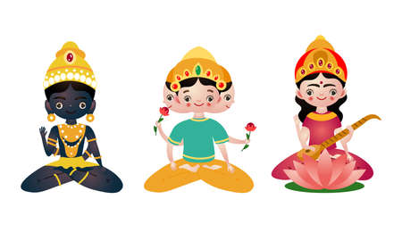 Different colorful sitting hindu in lotus pose deities vector illustrationのイラスト素材