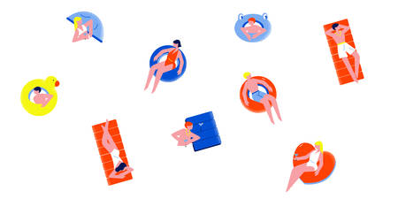 Set of relaxing people on inflatable rings, air mattresses of different shapes. Vector illustration...