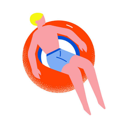 Young blond-haired man in blue shorts resting on the red floating rubber ring in the sea, ocean or...