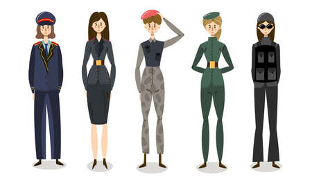 Set of young women soldiers in combat uniforms. Vector illustration in flat cartoon style.のイラスト素材