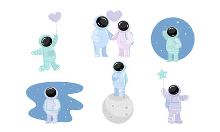 Set of spaceman in special spacesuits with different feelings. Vector illustration in flat cartoon style.のイラスト素材