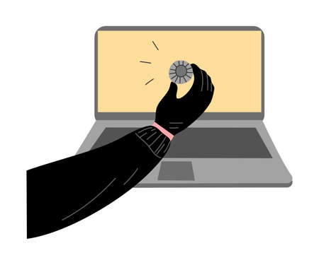 Cyber hackers thieves handstealing user information from the laptop. Hacking the internet social network concept. Isolated vector illustration on white background in cartoon styleのイラスト素材