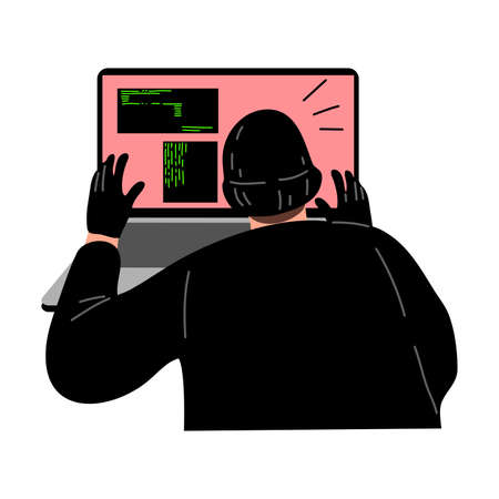 Cyber hacker thief stealing secret user information from the laptop Hacking the internet social network concept. Isolated vector illustration on white background in cartoon styleのイラスト素材