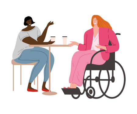 Happy smiling disabled girl in pink clothes sitting in a wheelchair with her friend. Vector illustration in flat cartoon style.のイラスト素材