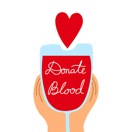 Plastic blood donation bag is full of blood with the red heart sign concept. Medical equipment. World blood donor day. Isolated vector icon illustration on white background in cartoon style.のイラスト素材