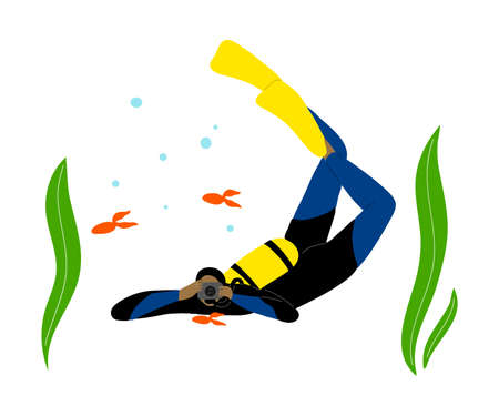 Scuba diver swimming underwater and takes pictures of fish in deep-sea or ocean. Vector illustration in the flat cartoon style.のイラスト素材
