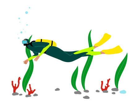 Scuba diver swimming underwater and diving with fishes in deep-sea or ocean. Vector illustration in the flat cartoon style.のイラスト素材