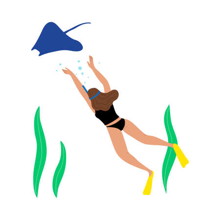 Brown-haired scuba diver girl in black swimsuit swimming underwater and diving with cramp-fish in deep-sea or ocean. Isolated vector icon illustration on a white background in cartoon style.のイラスト素材