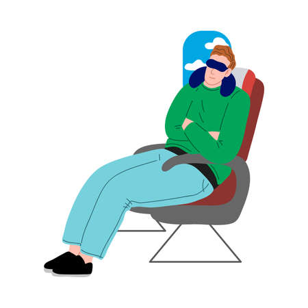 Brown-haired man in blue pants is sitting on an airplane and sleeping in a mask near the porthole. Isolated vector icon illustration on white background in cartoon style.のイラスト素材