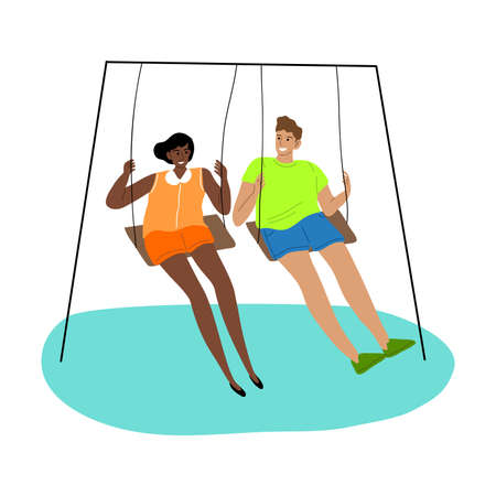 Girl and boy friends riding on swing and smiling vector illustrationのイラスト素材
