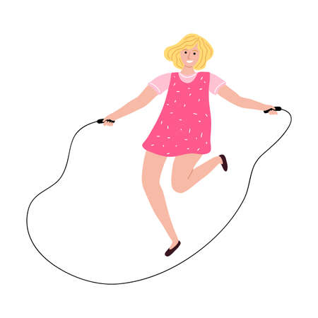 Smiling kid girl jumping rope and feeling happy vector illustrationのイラスト素材