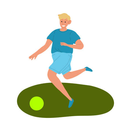Smiling kid boy in sports clothing playing ball on grass vector illustrationのイラスト素材