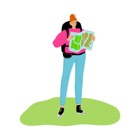 Young woman backpacker travelling around world with map vector illustrationのイラスト素材