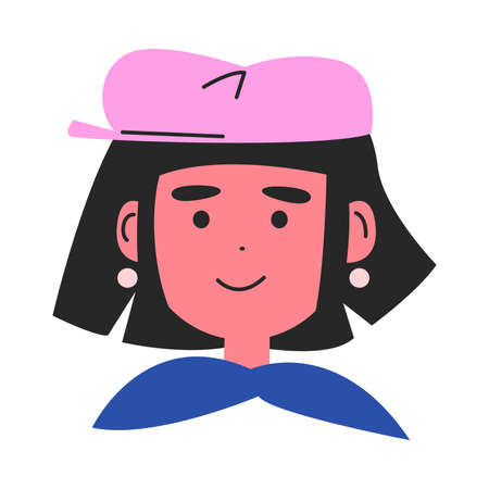 Face of woman with black hair in pink hat illustration