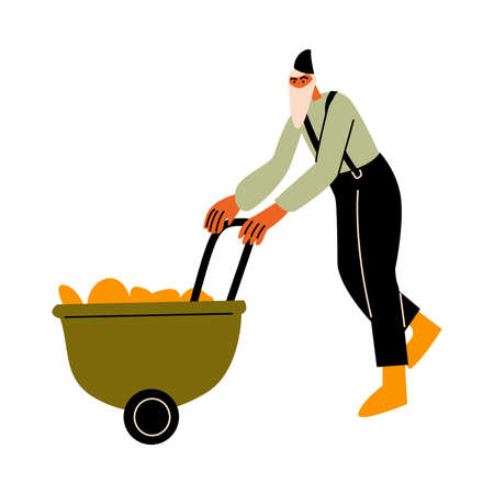 Hand drawn man farmer in boots carrying basket with produce on farm over white background vector illustration. Clean eating and living on nature lifestyle conceptのイラスト素材