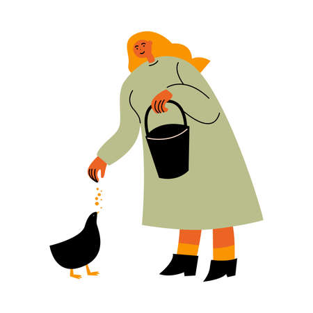 Hand drawn happy woman farmer standing and feeding chiken with seeds on farm over white background vector illustration. Clean eating and living on nature lifestyle conceptのイラスト素材