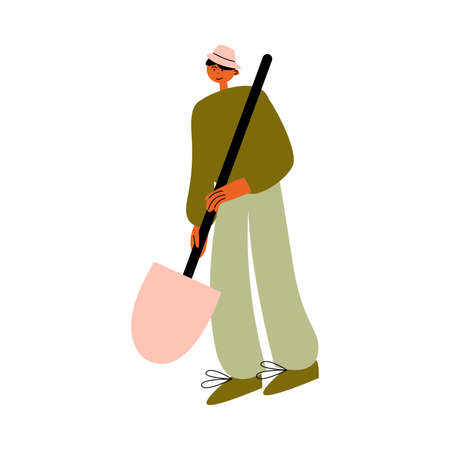 Man farmer sitting and holding shovel in hands vector illustrationのイラスト素材