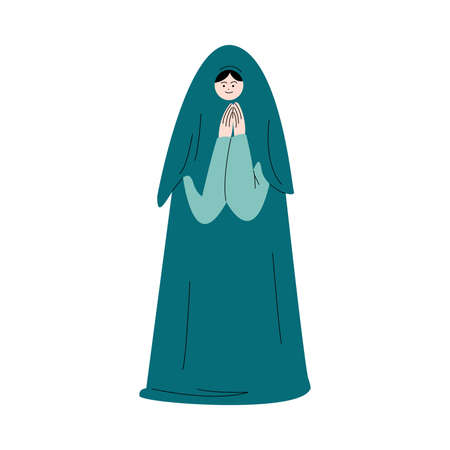 Muslim woman in green traditional hijab standing and praying vector illustrationのイラスト素材