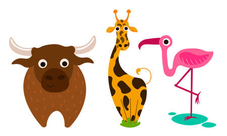 Funny cute farm and wild animals and birdsのイラスト素材