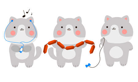 Grey cats playing, eating sausages and listening to music vector illustrationのイラスト素材