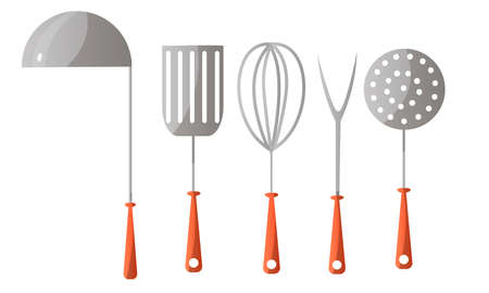Set of different kitchen tools, kitchenware, and kitchen appliances. Vector illustration in a flat cartoon style.のイラスト素材