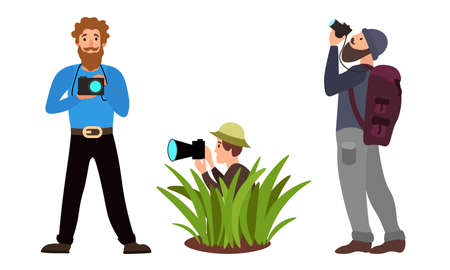 Set of different male photographers in different action poses. Vector illustration in a flat cartoon style.のイラスト素材
