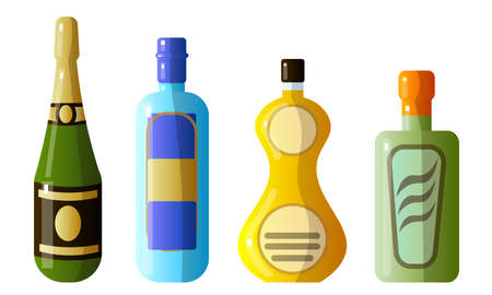 Collection set of different alcoholic beverages in bottles of different shapes. Vermouth, brandy, wine, cognac, champagne, gin, rum. Isolated icons set on a white background in cartoon style.のイラスト素材