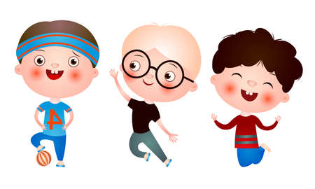 Set of funny cute little boys with funny haircuts spending free time having fun and playing. Vector illustration in a flat cartoon style.のイラスト素材