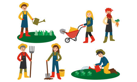 Set of isolated hand drawn happy young men and women farmers taking care of plants and harvesting over white background vector illustration. Clean eating and living on nature lifestyle conceptのイラスト素材