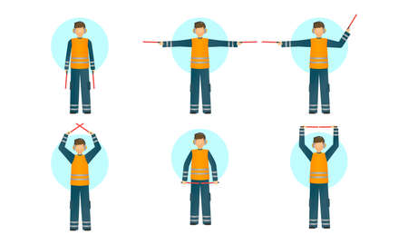 Set of isolated hand drawn young traffic controller in special costume during work over white background vector illustration. Regulators at work conceptのイラスト素材