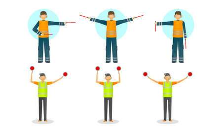 Set of isolated hand drawn young traffic controller in special costume with equipment during work...
