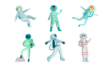 Set of young men and women austronauts in special metallic costume in outer space