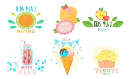 Set of isolated hand drawn different types of healthy natural menu for children and kids with titles for restaurants over white background vector illustration. Clean eating conceptのイラスト素材