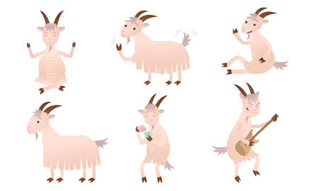 Set of isolated hand drawn cute funny goat animals enjoying casual thingsのイラスト素材